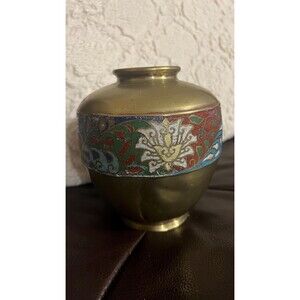 Vintage Chinese Brass Vase Cloisonne Enamel Floral Band Asian Decorative 5”